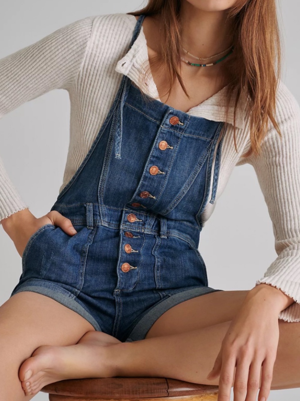 Pilcro Blue Denim Button-Front Short Overalls